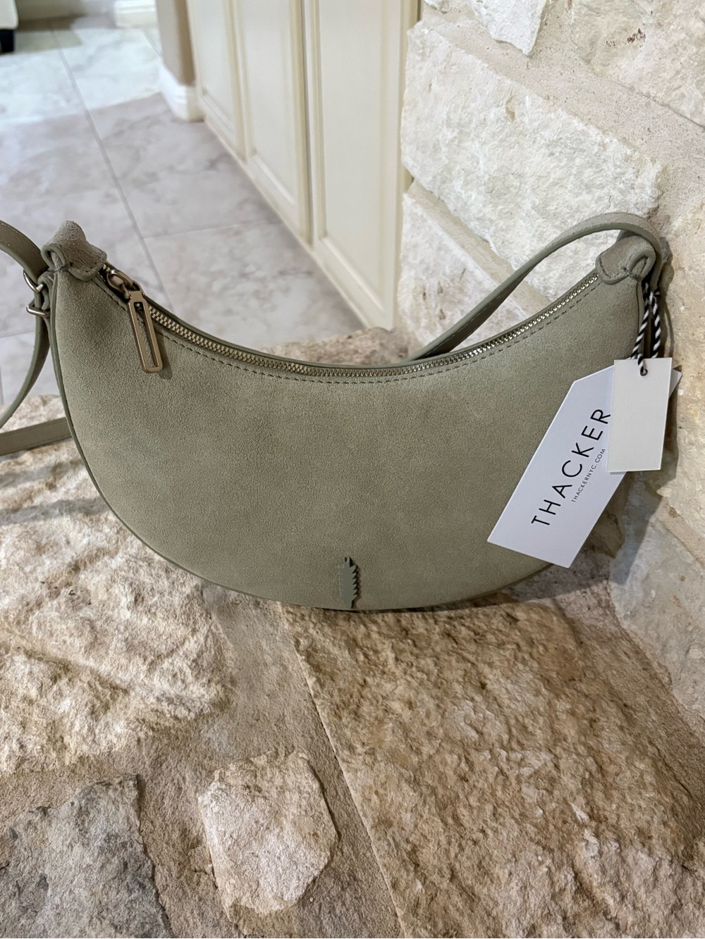 Thacker Silas Suede Leather Cresent Shaped Crossbody Purse in Sage Green Color